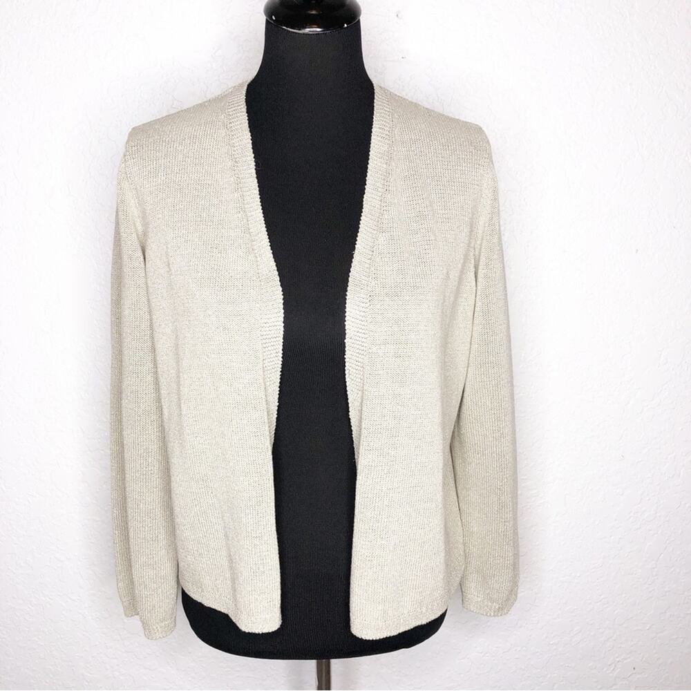 Eileen Fisher champagne gold metallic open‎ front cardigan sweater